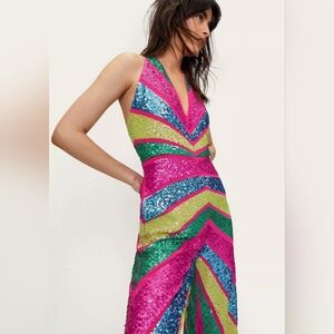 Sequin Color Block Plunge Wide Leg Jumpsuit